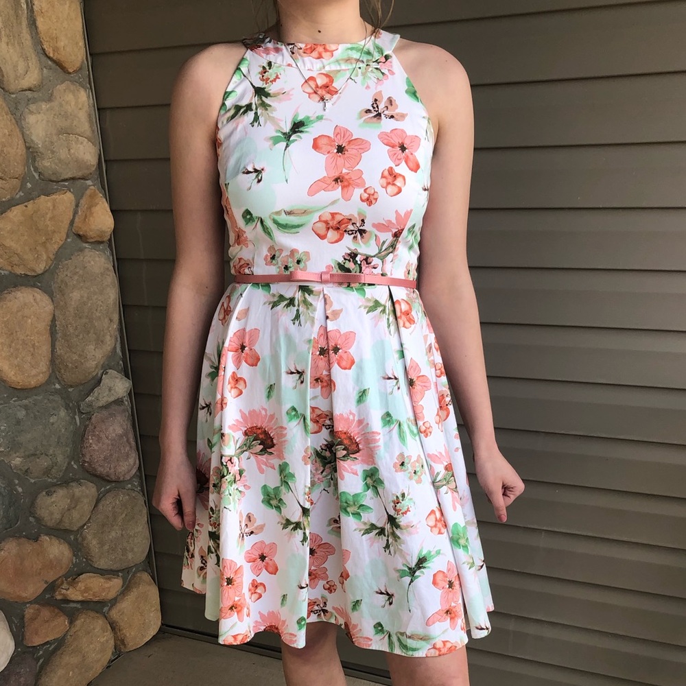 🍂White, Pink, And Green Floral Dress
